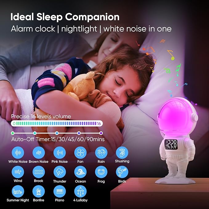 Astronaut Sunrise Alarm Clock for Kids, White Noise Sound Machine with 30 Soothing Sounds, 22 Dimmable Nightlights, Bluetooth Speaker, Dual Digital Alarm Clocks, Wake Up Light for Bedroom, Adults-CubbioJoy