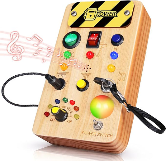 Busy Board Montessori Toys for Toddler, Wooden Sensory Board Switch Toy with Color-Changing LED Light Up Travel Toys Educational Plane Travel Activity for 1-6 Year Old Girls & Boys Gifts-CubbioJoy