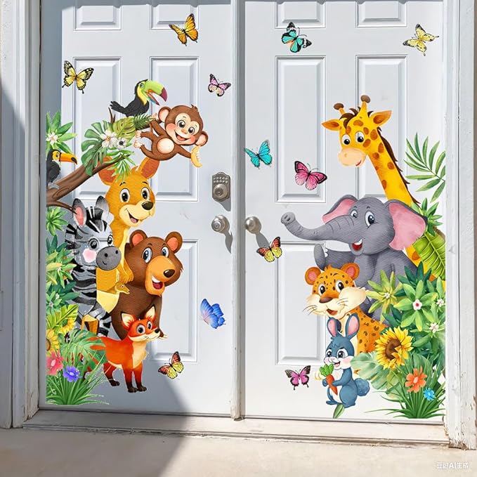 Jungle Animal Wall Decals, Cartoon Animal Sticker Safari Elephant Lion Monkey Wall Decals for Baby Room Playroom Bedroom Classroom Kindergarten Decor-CubbioJoy