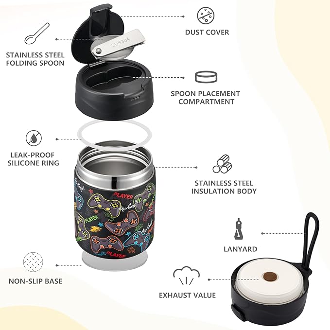 17oz Soup Thermo for Hot Food Kids Insulated Vacuum Food Jar with Stainless Steel Spoon Wide Mouth Thermo Leakproof Lunch Food Container Kids Hot Lunch Box (Black-Game)-CubbioJoy