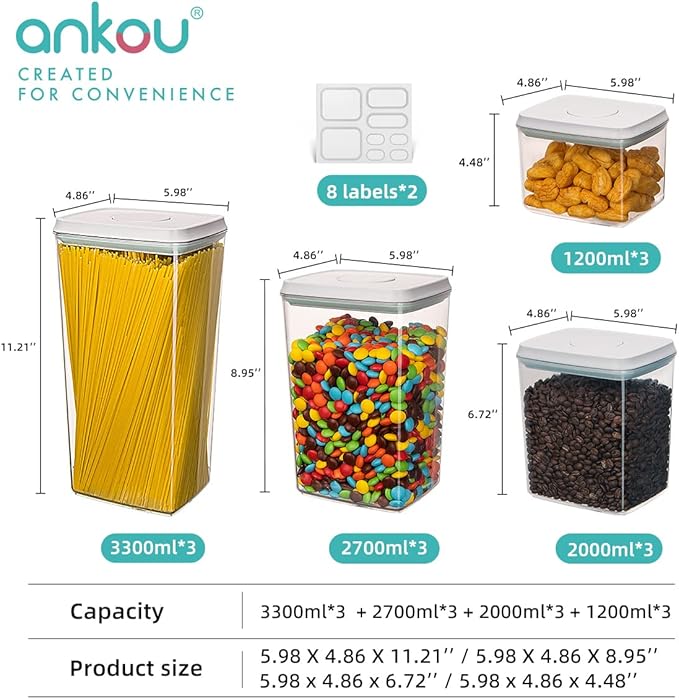 Ankou Pop Airtight Food Storage Containers with Lids for Kitchen Pantry Organizing Stackable Container for Cereal Snack Flour Sugar Coffee Spaghetti -12 Pcs(1.2, 2.0, 2.7, 3.3qt)*3-CubbioJoy