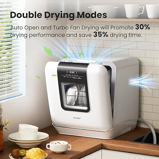 COMFEE' Countertop Dishwasher, Portable Dishwasher with 6L Built-in Water Tank, Mini Dishwasher with More Space Inside, 7 Programs, UV Hygiene& Auto Door Open, for Apartments, Dorms& RVs, White-CubbioJoy