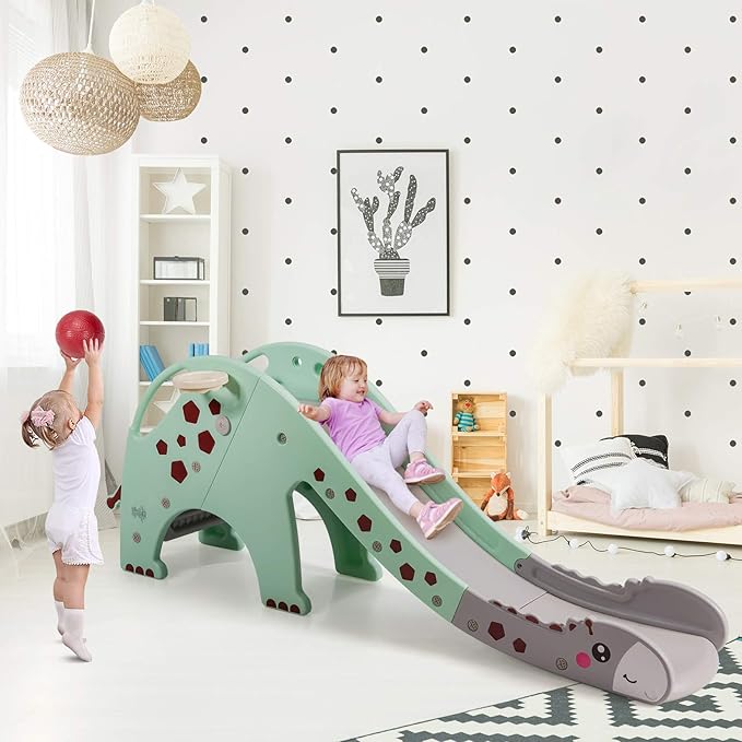 BABY JOY Toddler Slide, Kids Large Slide Play Climber Set with Long Slipping Slope, Basketball Hoop and Ball, Enclosed Steps, Easy Assemble Indoor Outdoor Backyard Freestanding Slides for Kids Age 1-8-CubbioJoy