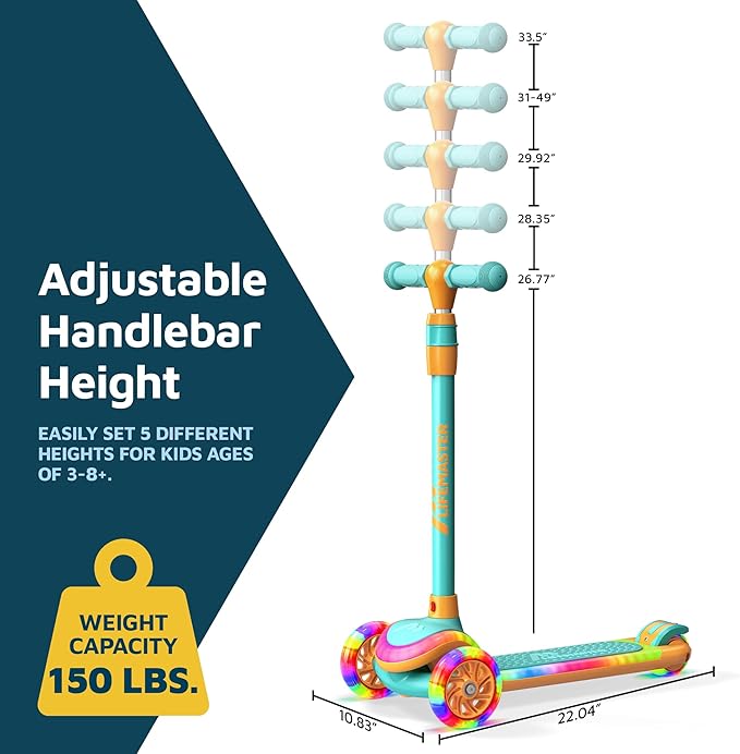 3-Wheel Kids Scooter with Multi-Color Lights on Deck & Wheels – 5-Height Adjustable Handlebar, Wide Anti-Slip Deck, Child Safety Certified, Boys & Girls Ages 3+ Supports Up to 150 lbs-CubbioJoy