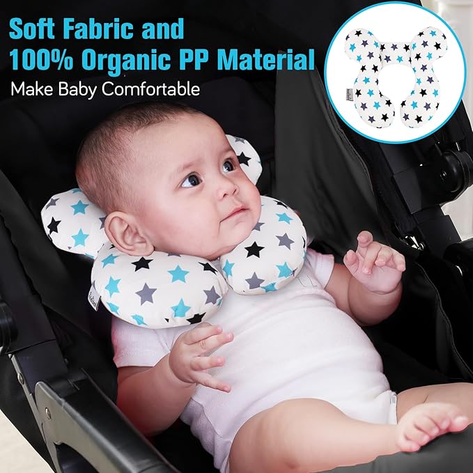 KAKIBLIN Baby Neck Pillow, Upgraded Baby Support Pillow, Head Pillows for Carseat, Newborn Neck Support for Car Seat,Pushchair,Travel (White Star)-CubbioJoy
