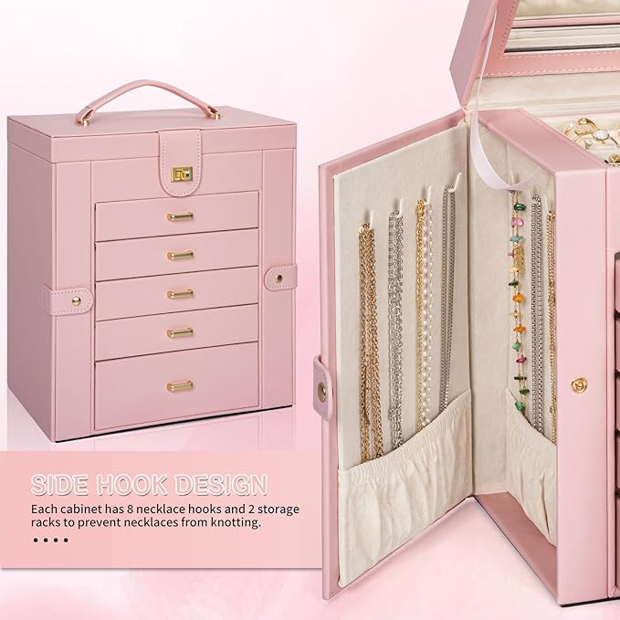 AKOZLIN 6-Tier Jewelry Box Organizer Functional Leather Jewelry Storage Case for Women Girls Ring Necklace Earring Bracelet Holder Organizer with Mirror-CubbioJoy