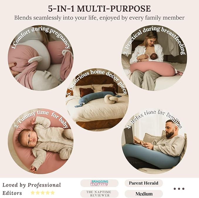Cuddobaby Pregnancy Pillow 5-in-1 【Cooling Cover, Adjustable Firmness】 Patented Lock Design, Turn into O-Shape Nursing Pillow, 5-Point Full Body Support, Maternity Pillow with Travel Bag - Pink-CubbioJoy