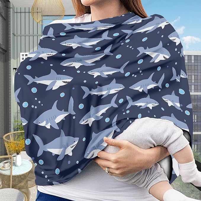 Binienty Cartoon Shark Print Car Seat Canopies for Baby Boys Girls, Women's Light Soft Nursing Cover Breastfeeding Scarf Breathable Stroller Cover for Sun and Windy-CubbioJoy