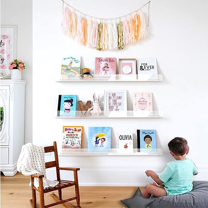 24 inches Wall Mounted Kids Bookshelf, Clear Acrylic Display Book Shelves for Kids Room Nursery Toddler Classroom 2 Packs-CubbioJoy