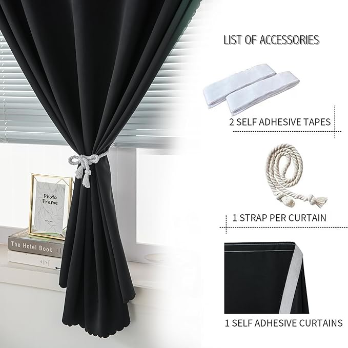 Adhesive Blackout Curtains- Self Stick Shades Window Blinds Curtains No Rod Needed Easy to Hang Curtains, Use for Bedroom, Living Room, Dining Room, Kitchen, Home Office, 47"W X 59"L, Black, 1 Panel-CubbioJoy