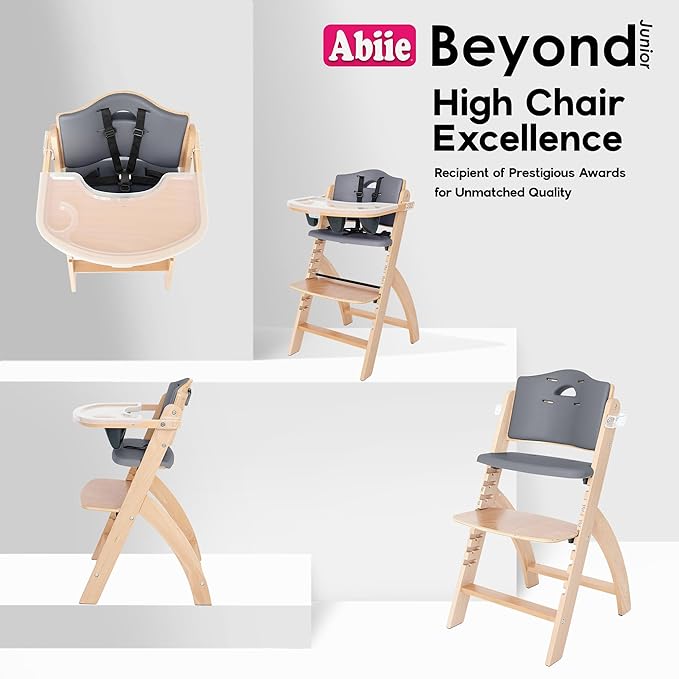 Abiie Beyond Junior Wooden High Chair with Tray - Adjustable and Convertible High Chair for Babies and Toddlers - 6 Months to 250 Lb - Water Resistant - Natural Wood with Dark Grey Cushion-CubbioJoy