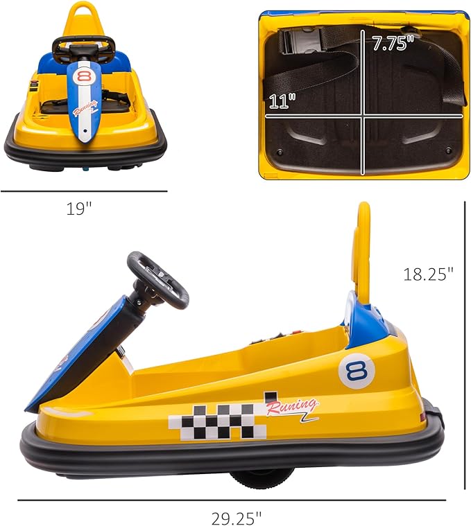 Aosom Toddler Bumper Car, 360° Rotation 6V Kids Electric Ride on Bumper Car with EVA Bumper Edges, Twins Motor, Songs, Horn, LED Lights, Safety Belt for 18-48 Months, Yellow-CubbioJoy