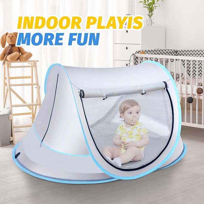 Baby Beach Tent with Baby Hat, Pop Up Toddler Travel Bed with Sun Hat for Boys or Girls, Sun Shade for Toddler Camping, Infant Portable Sun Shade, Summer Beach Baby-CubbioJoy