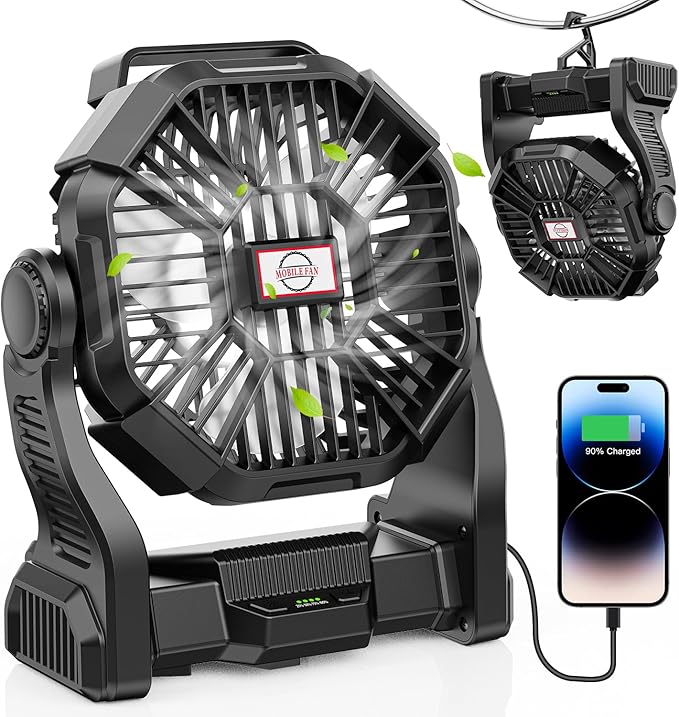 30000mAh Portable Battery Powered Camping Fan - with LED Light, Quiet Battery Operated, Camping Gear for Travel, Tent, Beach, Car or Hurricane Power Outages, Black-CubbioJoy
