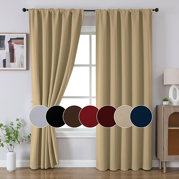 Joydeco 90 Inch Blackout Curtains for Bedroom, Thermal Insulated Black Out Curtains 2 Panels Se, Room Darkening Drapes for Living Room Window Rod Pocket Back Tab (W52 x L90 Inch, Beige)-CubbioJoy