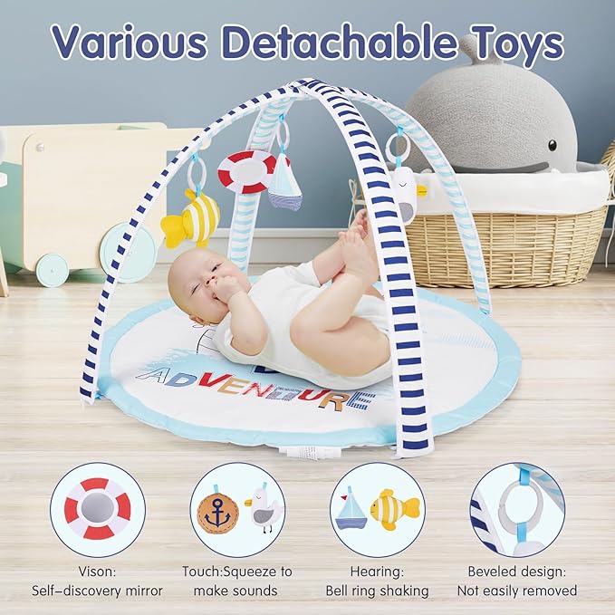 Activity Gym, Baby Play Gym Mat for Toddlers, 0-18 Months Tummy Time Play Mats, Infant Play Gym with Detachable Toys for Sensory Exploration and Motor Skill Development, PM2406-CubbioJoy