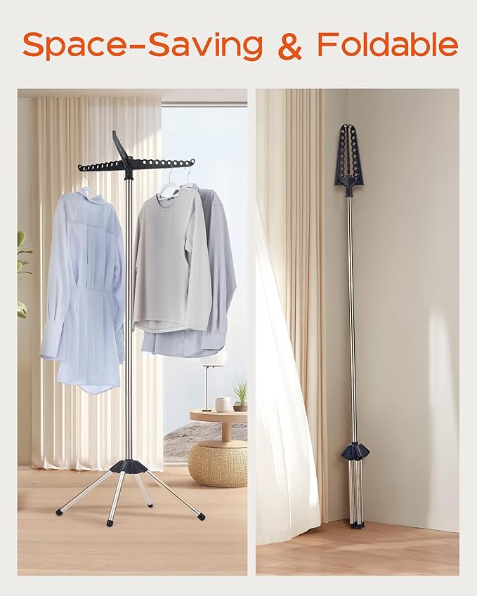 Clothes Drying Rack Foldable, 59 inch Tripod Laundry Drying Rack Indoor with Rotating Clothes Rail for 27 Pieces of Clothes, Space Saving, Stainless Steel, Black and Silver CDR001B01-CubbioJoy