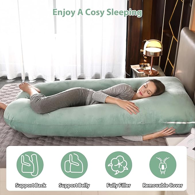 Amagoing 55 inches Pregnancy Pillows for Sleeping, U Shaped Maternity Full Body Pillow for Pregnant Women with Hip, Leg, Back, Belly Support, Washable Velvet Cover Included (Mint Green)-CubbioJoy