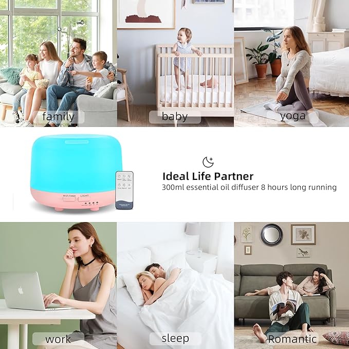 300ML Essential Oil Diffusesrs Remote Control, Aromatherapy Ultrasonic Diffuser, Cool Mist Aroma Humidfier Diffuser, 7 Color Changing LED Light, Auto-Off, Timer for Home, Room, Office, Kids.(Pink)-CubbioJoy