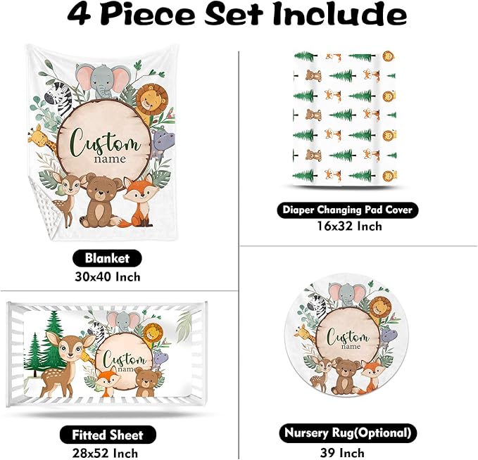 Custom Nursery Crib Bedding Set: Personalized Name 4 Piece Animal Theme Baby Crib Sets for Boys Girls - Toddler Double Layer Blanket Set, Comfortable Crib Bed Sheets for Baby Toddlers-CubbioJoy