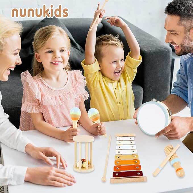 Baby Musical Instruments Neutral Colors Percussion Instruments Set Montessori Wooden Toys for Toddlers 1-3 with Xylophone for Kids Preschool Educational 3+ Wood Musical Toy 8pcs-CubbioJoy