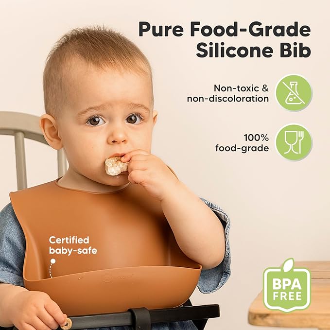 KeaBabies 2-Pack Silicone Baby Bibs for Eating - Sturdy Food-Grade Silicone Bibs for Babies Girl, Boy, Large Food Catcher, Clean & Put On Easily, Waterproof Toddler Feeding Essentials (Terracotta)-CubbioJoy