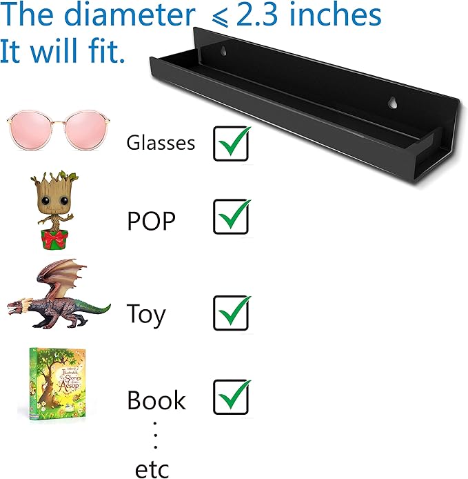 4 Pack 15 Inch Black Acrylic Shelves, Black Kids Floating Bookshelf for Kids Room, Modern Nail Polish Rack Sunglasses Essential Oil Picture Ledge Display Toy Storage Wall Shelf-CubbioJoy