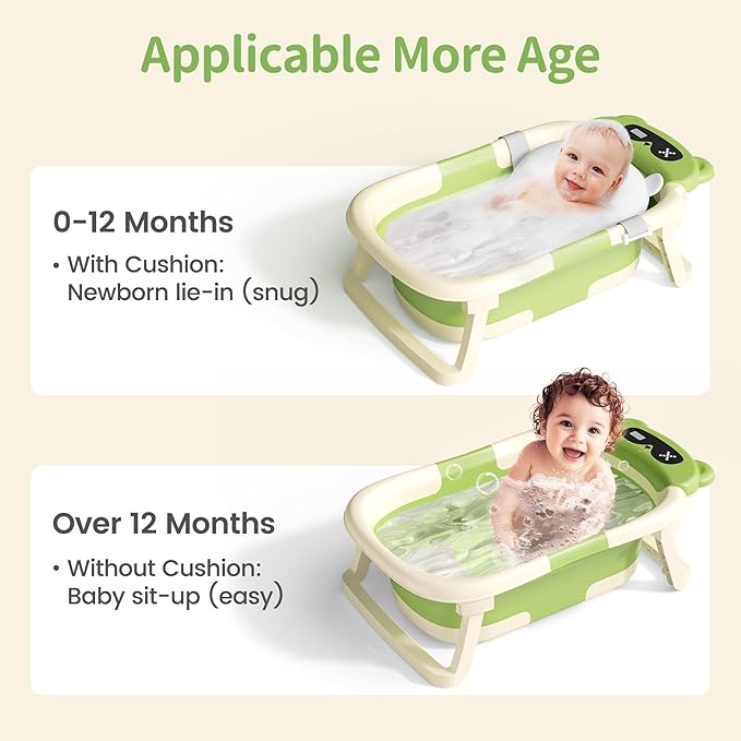 Collapsible Baby Bathtub for Newborn to Toddler (0-18 Month) - Portable Baby Bath Tub for Travel, Newborn Bathtub with Soft Towel and Floating Cushion (Green)-CubbioJoy
