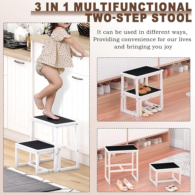 2 Step Stools for Adults Kids, Anti-Slip Sturdy Wooden Foot Stools with 500 Lbs Capacity for High Beds,Closet, Bathroom,Kitchen, Potty Training-CubbioJoy