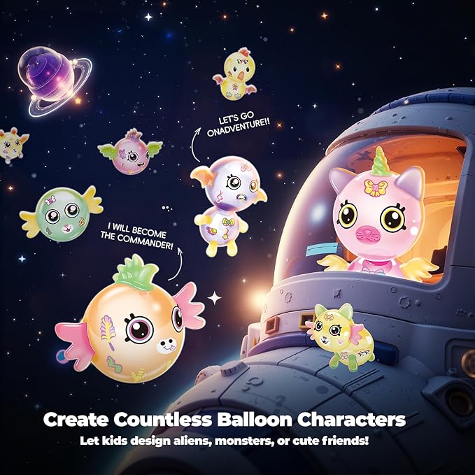 DIY Space Magic Balloon Craft Kit, Sticker Decorated Balloons Toy for Kids, Rocket Air Pump Fun with Balloon Monster Pals, DIY Creative Activity, Birthday Gifts for Girls Boys Ages 3+-CubbioJoy