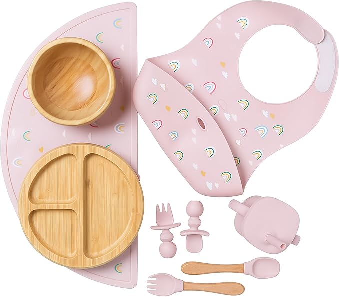 Bamboo Baby Feeding Set for Infants & Toddlers - Baby Essentials, Non-Toxic, Sustainable, Bamboo Suction Plate & Bowl, Bib, Sippy Cup w/Lid & Straw, Daily Use, Travel, Baby Shower Gifts (Pink)-CubbioJoy