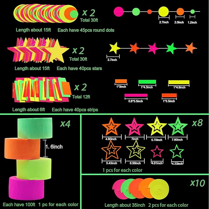 508ft UV Neon Paper Garland Crepe Streamers Glow in The Dark Party Supplies Garland Neon Party Decorations Streamers for Blacklight Reactive Fluorescent Wedding Birthday Party Decorations-CubbioJoy