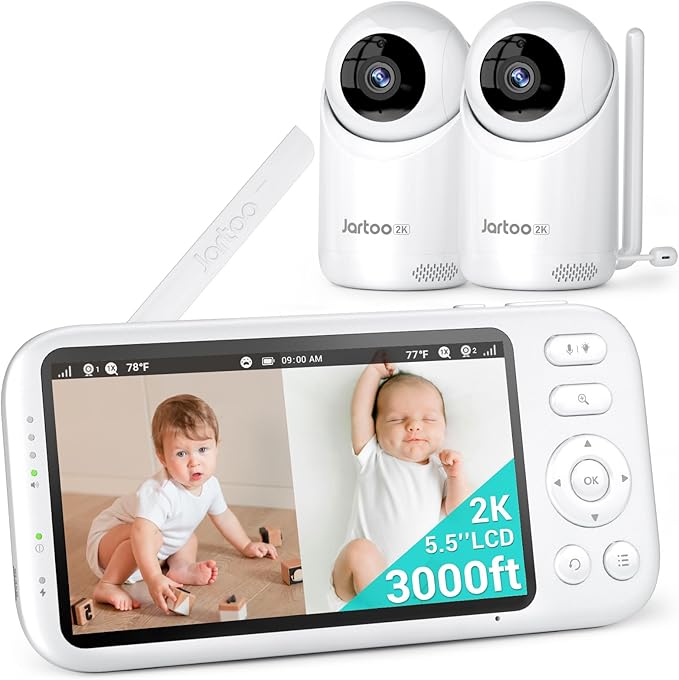 2K Video Baby Monitor with 2 Cameras and Audio, 3000ft Long Range Baby Monitor No WiFi, 5.5" Split Display, VOX - AI Cry Detect, ANR, IR Night Vision, 2-Way Audio, 6000mAh-CubbioJoy