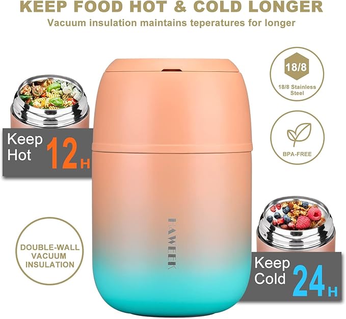 Insulated Food Container 17 oz Soup Thermo for Hot Food Adults, Stainless Steel Vacuum Lunch Box with Folding Spoon, Adult Kids Thermo Portable with Handle for School, Office, Outdoor-CubbioJoy