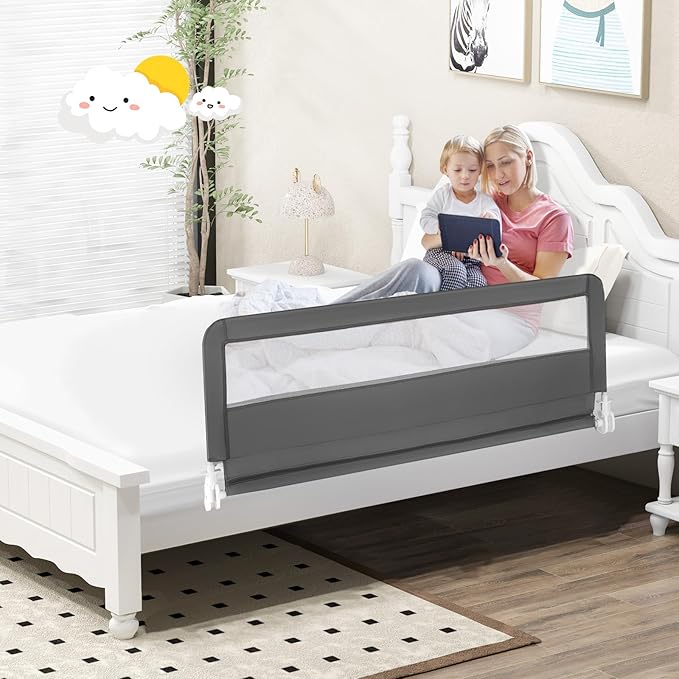 BABY JOY Bed Rails for Toddlers, 59‘’ Extra Long, Upgraded Swing Down Bed Guard w/Safety Straps, Folding Baby Bedrail for Kids Twin, Double, Full Size Queen & King Mattress (Gray, 59-Inch)-CubbioJoy