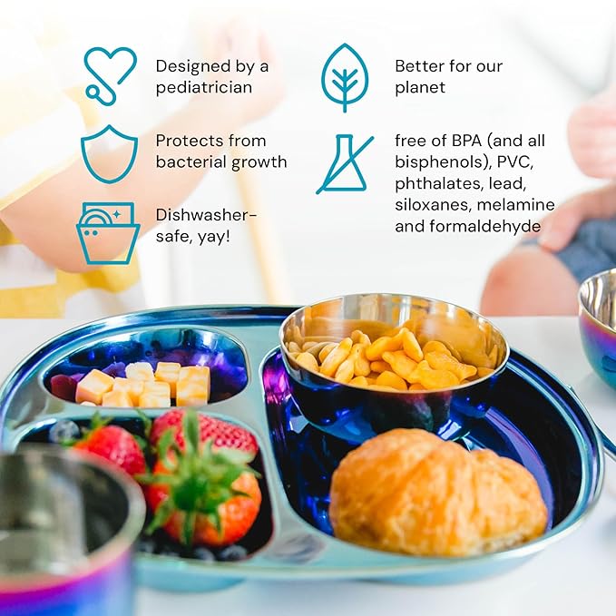Ahimsa Stainless Steel Kids Plates - Divided Toddler Plates, Pediatrician Designed, Non Toxic Toddler Plate, BPA Free & Dishwasher Safe (Blue Single)-CubbioJoy