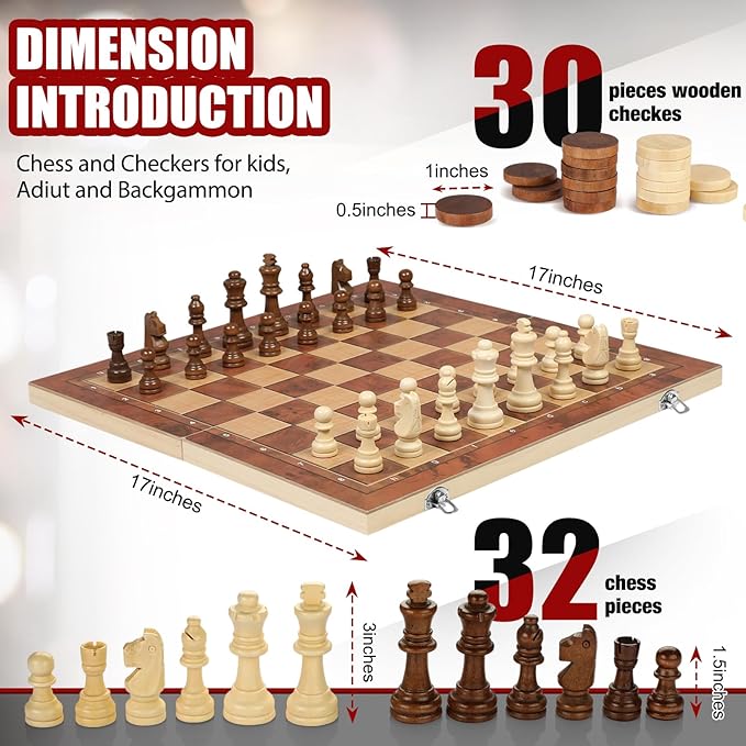 Chess Checkers Backgammon 3-in-1 Board Games Sets, Wooden Chess Set for Adults & Kids, 17.2" Lightweight Checkers Board Game,Strategy Backgammon Sets for Adults, Travel Chess Board Game Pieces Storage-CubbioJoy