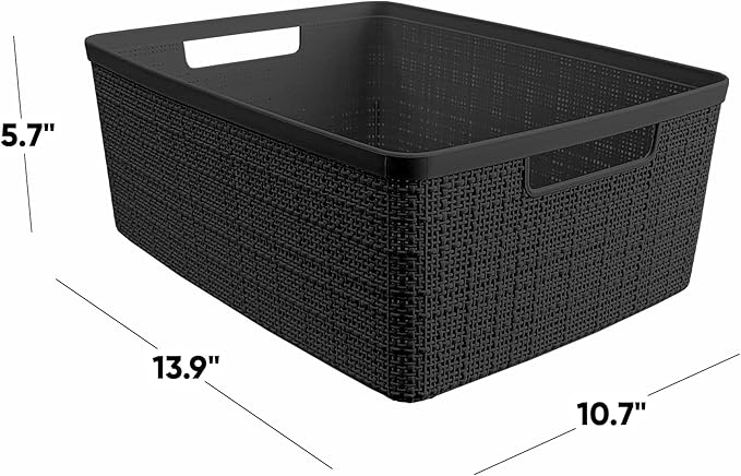 Curver Set of 6 Jute Medium Decorative Plastic Organization and Storage Baskets, Perfect Bins for Home Office, Closet Shelves, Kitchen Pantry and All Bedroom Essentials, Black-CubbioJoy
