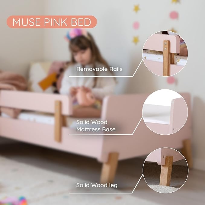 dadada Muse Toddler Bed with 2 Removable Safety Rails. Low Profile Montessori Bed for Kids. Sturdy Solid Wood Frame, Fits Standard Crib Mattress, Easy to Assemble, Toddler Bed for Girls & Boys - Pink-CubbioJoy