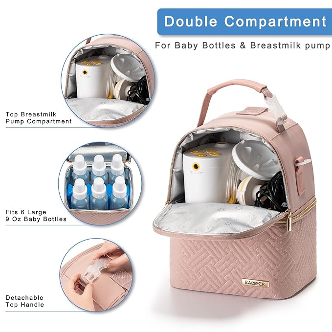 Breastmilk Cooler Bag with Ice Pack Fits 6 Baby Bottles up to 9 Ounce, Breast Milk Pump Cooler Bag with Shoulder Strap for Nursing Mom Daycare, Work, Travel- Pink-CubbioJoy