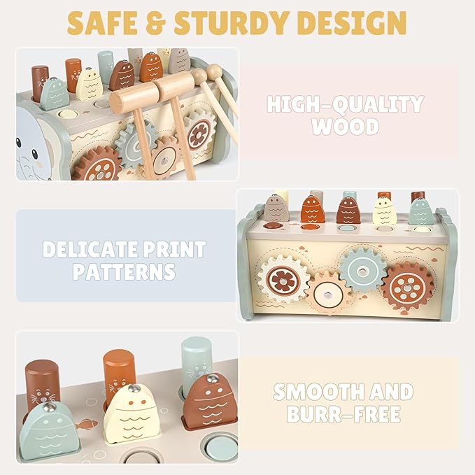 Joyreal Wooden Montessori Toys for 1 Year Old - Hammering Pounding Toy with Xylophone & Fishing Game - Educational Toddler Activities for 1 2 3 Year Old Christmas Birthday Gifts-CubbioJoy