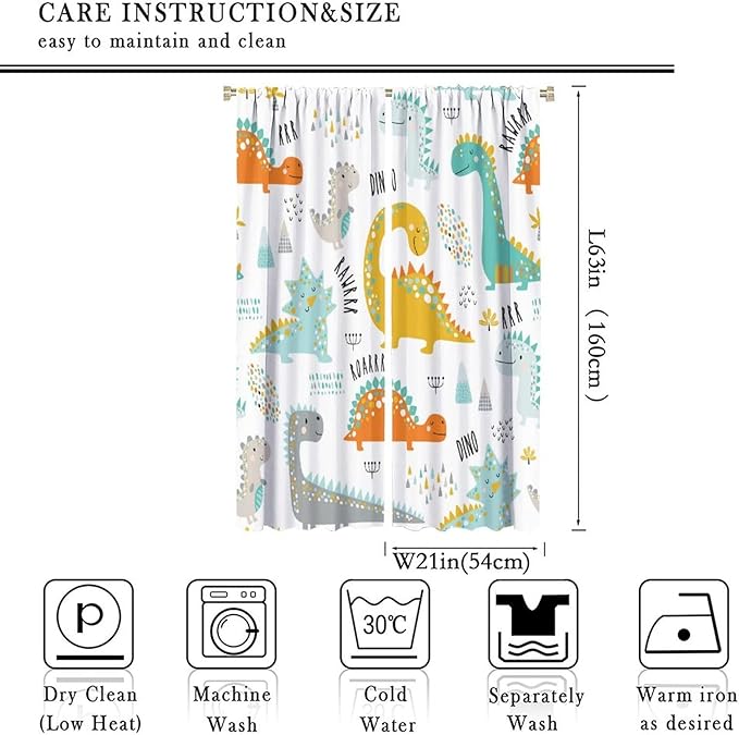 Dinosaur Curtains for Kids Boys Girls Home Decor Childish Cute Dino Animals Print Pattern Rod Pocket Blackout Window Drapes for Nursery Baby Bedroom Playroom W21xL63in 2 Panels-CubbioJoy