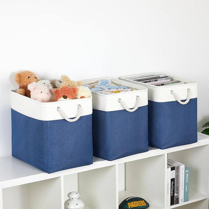 Bidtakay Extra Large Storage Baskets for Shelves 3 Pack Fabric Storage Bins for Organizing Linen Collapsible Organizer for Closet-White&Blue-CubbioJoy