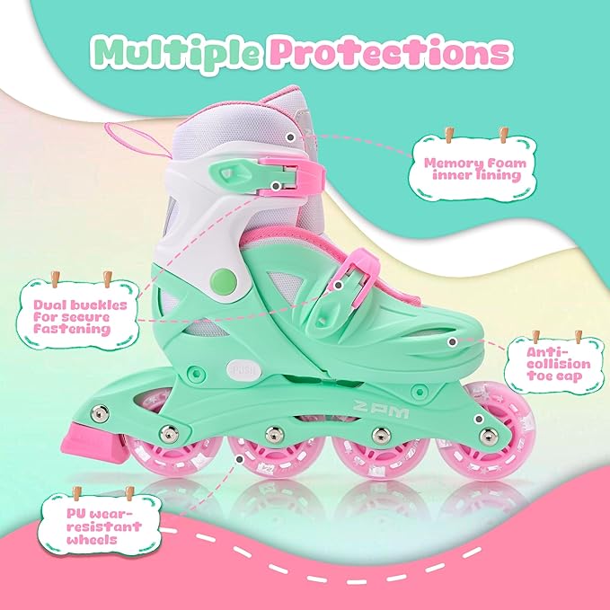 2PM SPORTS Inline Skates with Light Up Wheels, Roller Skates Blades for Boys Girls Kids Ages 5-8 8-12 4-6 6-12, Size Adjustable Beginner Blades Roller Skates-CubbioJoy