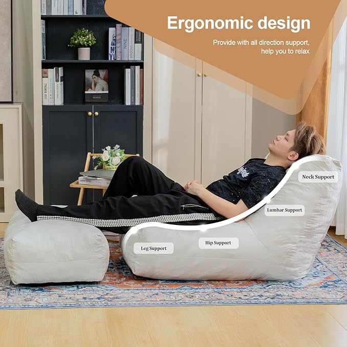 Bean Bag Chair with Ottoman, Comfy Bean Bag Sofa with Memory Foam, Lazy BeanBag Sofa with Footstool, Fireside Bean Bag Couch for Living Room, Bedroom, Apartment-CubbioJoy