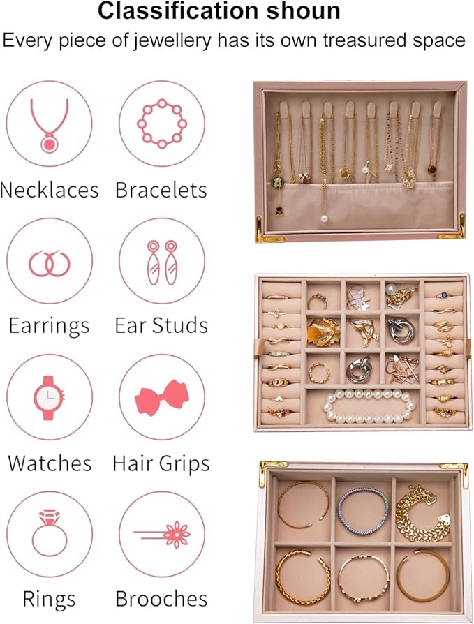 2-layer jewelry box，Jewelry Organizer with Handle，with hanging necklace hooks, detachable jewelry trays, suitable for storing a large amount of jewelry gift box (rose gold)-CubbioJoy