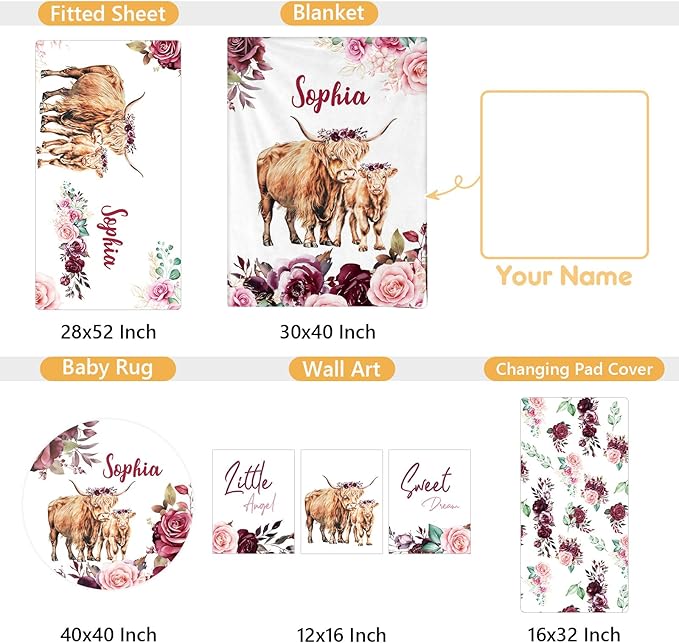 Custom Baby Crib Bedding Set, 5 Pcs Personalized Name Baby Crib Sets for Infant Toddler, Purple Highland Cow Nursery Bedding Set for Baby Girls, Double Layer Baby Bedding Sets Customized Gifts-CubbioJoy