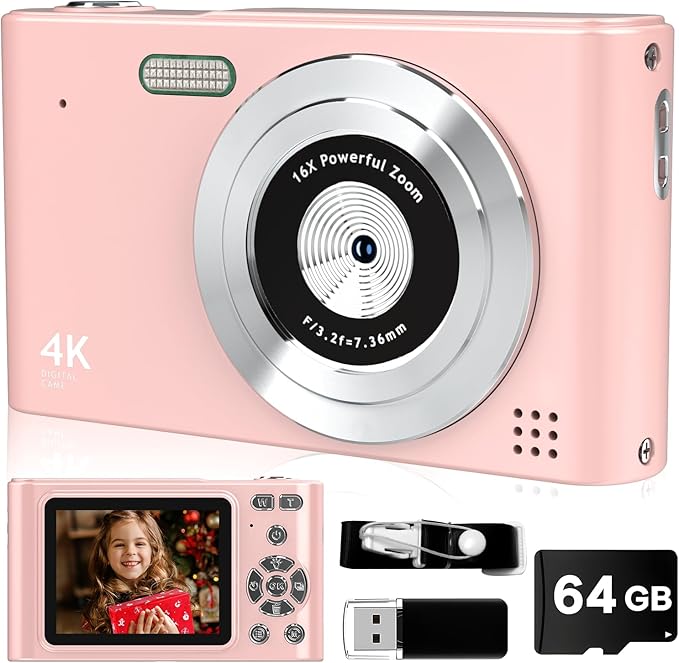 Digital Camera, 44MP Full HD 1080P Point and Shoot Camera with 64GB Card, Anti Shake 16X Zoom Compact Volg Cameras, Portable Small Digicam Gift for Kids, Ages Teen Girl Boy - Pink-CubbioJoy