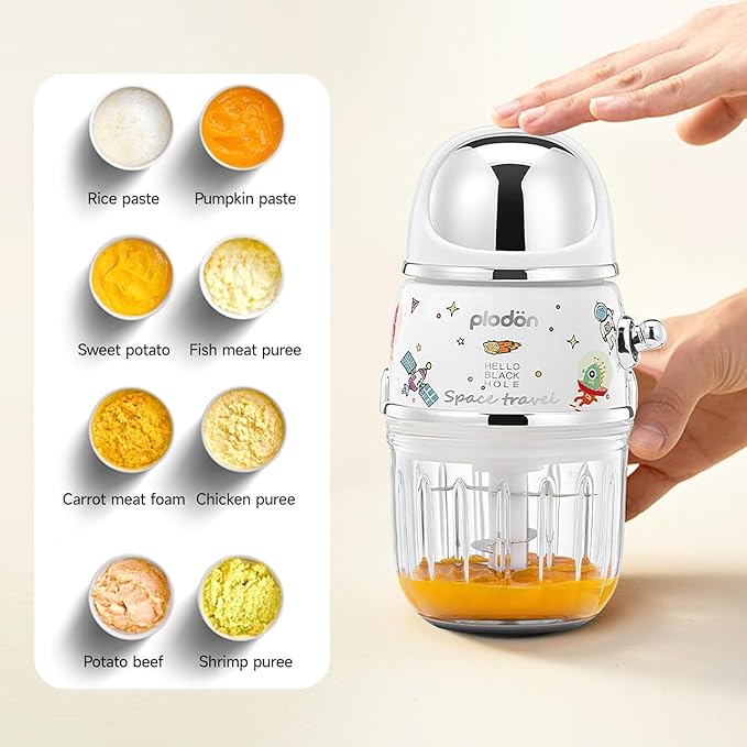 Baby Food Maker Mini Cute and Small Food Processor Puree Blender Grinder Chopper 1.2 Cup Glass Bowl with 6 Blade Electric (Spaceman-White)-CubbioJoy