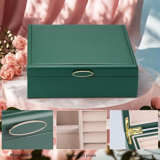 2-layer jewelry box，Jewelry Organizer with Handle，with hanging necklace hooks, detachable jewelry trays, suitable for storing a large amount of jewelry gift box (Large-Green)-CubbioJoy